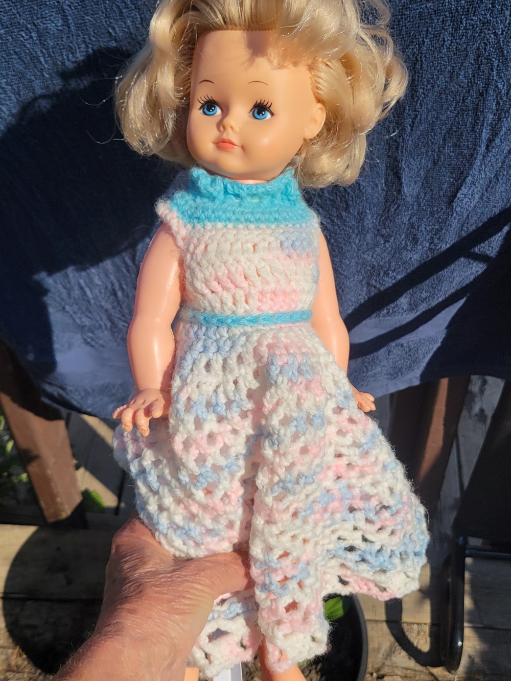 Vintage Doll Handmade Pastel Crochet Doll Dress - On a stand